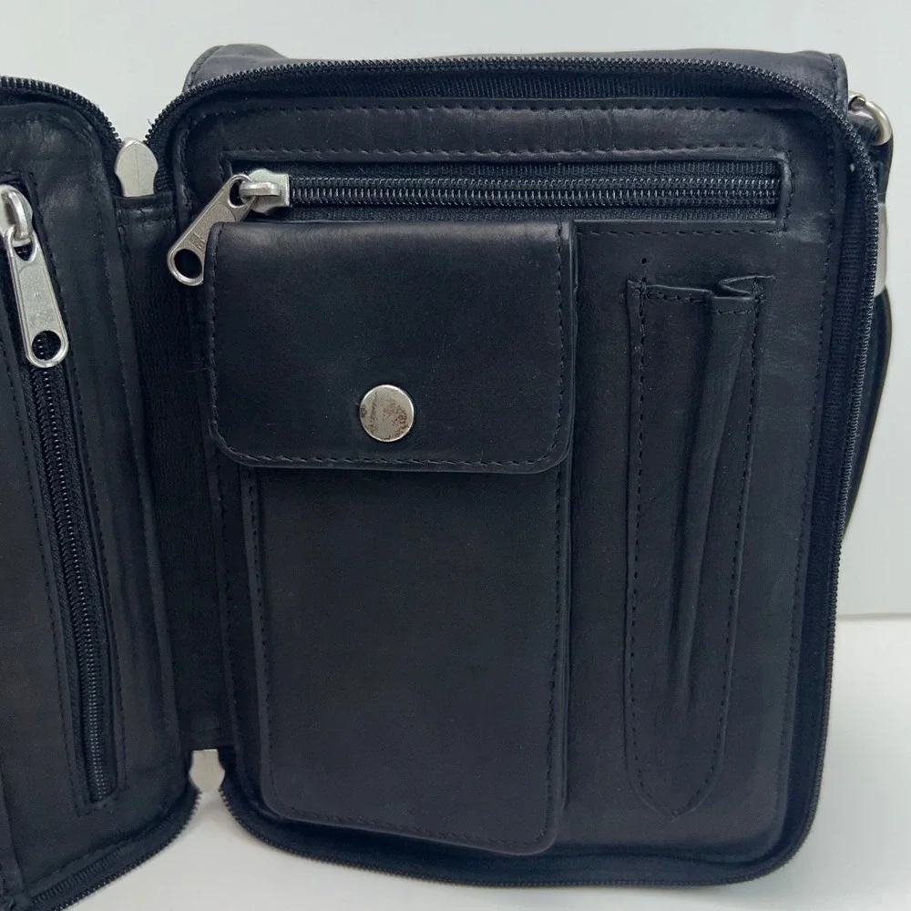 BLACK LEATHER Crossbody Wallet Style Organizer Multi Zip Pockets Travel Work Bag
